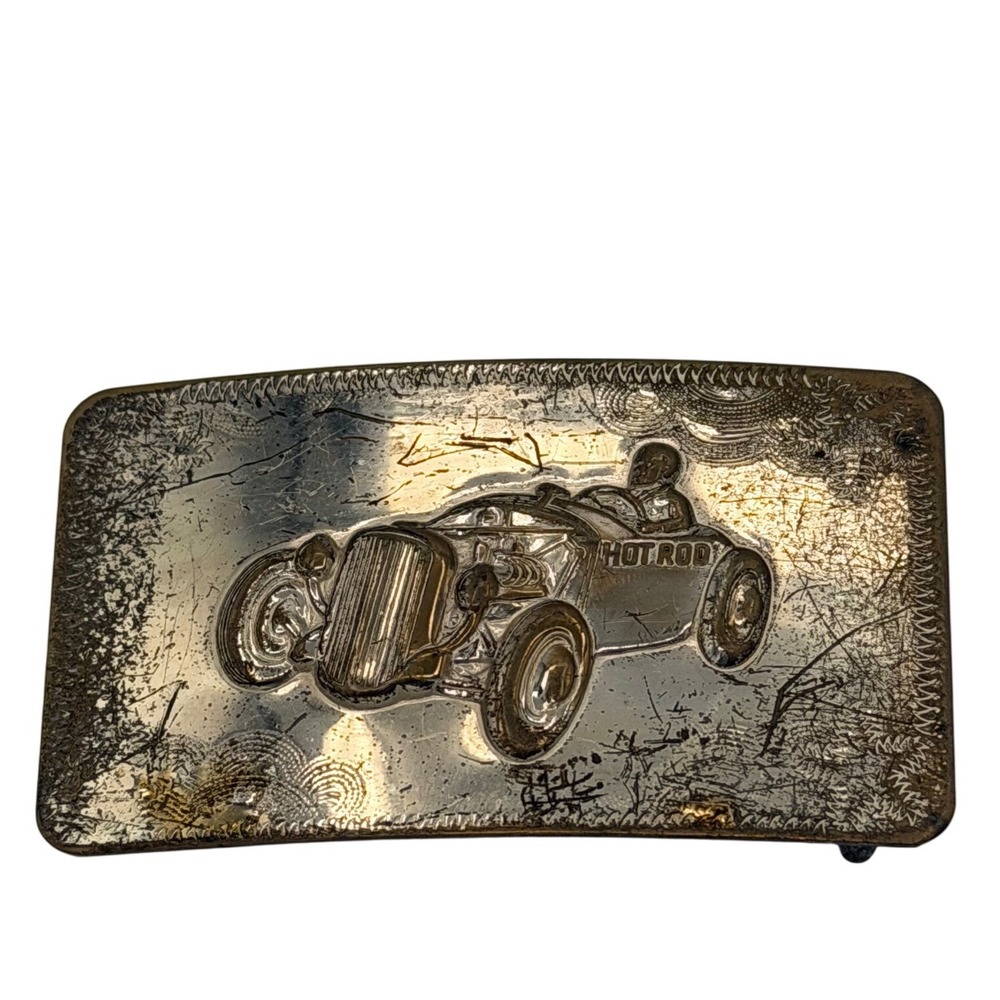 Vintage Hot Rod Belt Buckle Silver Gold Tone Roadster Car Retro Distressed Metal